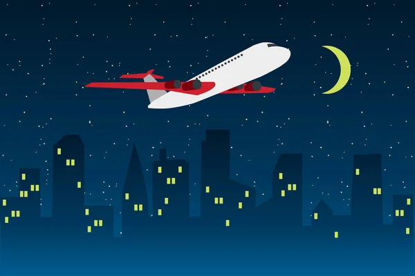 Obraz Wektor Lecącego Samolotu Nocy Tle Podświetlane Panoramę Miasta Eps — Wektor stockowy