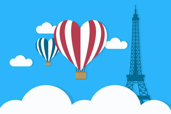 Ector エッフェル塔に対して雲の上に浮かんでハートの気球の絵 愛の都市 バレンタインの日の目的地 Eps はベクトル図 水平方向の画像 フラットなデザイン — ストックベクタ