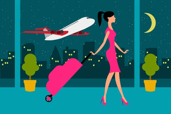 Viajando Durante Noche Vuelo Nocturno Imagen Mujer Rosa Con Equipaje — Vector de stock