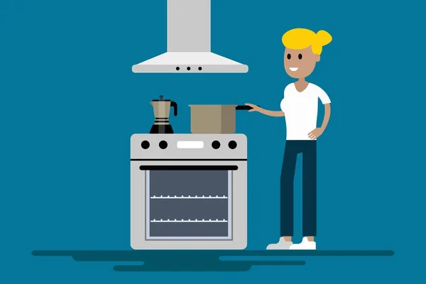 Vectorillustratie Van Vrolijke Cartoon Meisje Staat Keuken Koken Voedsel Fornuis — Stockvector