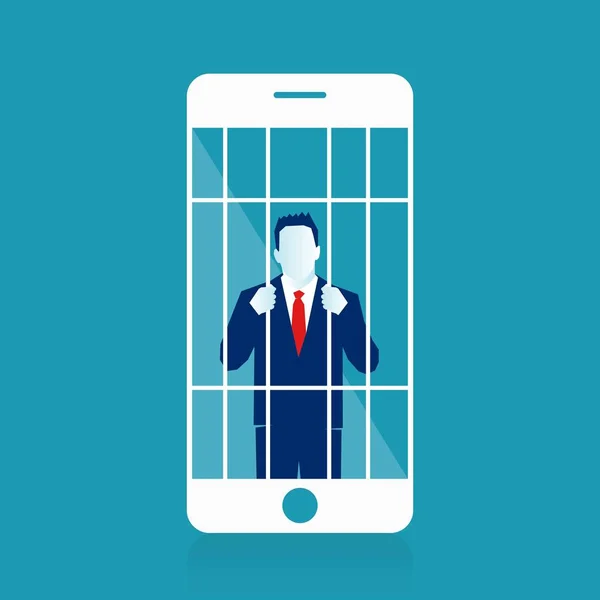携帯電話の囚人 携帯電話にはまっています 新技術によって奴隷にされているの危険性を象徴する携帯電話 スマート フォンから不幸な文字囚人のイラスト Eps のベクトル図 — ストックベクタ