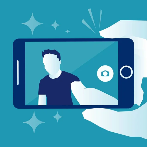 スマート フォンとのセルフ ポートレートを取る人 千年の男 Selfie のコンセプトを作るします Eps ベクトル図 水平方向の画像 シンプルな白青フラットな近代的なデザイン — ストックベクタ