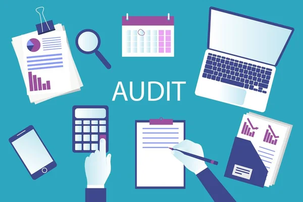 Conceptos Auditoría Auditor Manos Mesa Durante Examen Del Informe Financiero — Archivo Imágenes Vectoriales