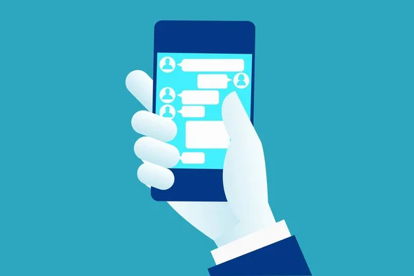 携帯スマート フォンを携帯電話ビジネス会話チャット泡と持っている手 ソーシャル ネットワーク メッセンジャー概念フレーム Eps ベクトル イラストレーション シンプルな白青フラット ビジネス — ストックベクタ