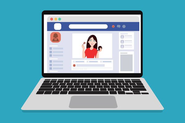 Concept of blogger in social media showing video photo makeup tutorial for web page, banner, presentation. Vector illustration communication via the Internet social networking. Eps Vector illustration