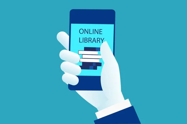 電子書籍 オンライン図書館教育構想とスマート フォンを持っている手 携帯電話 Web モバイル アプリ ライブラリのオンライン ライブラリです Eps — ストックベクタ