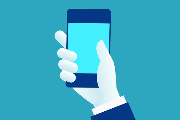 手空白の画面スマート フォン 空の画面に触れます モバイルのスマート フォンを使用している人の手 Eps ベクトル図では シンプルな白青フラット スタイルのモダンなデザイン — ストックベクタ