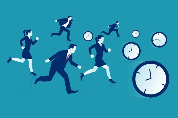 时间就是金钱的概念 经理们女人和男人追逐怀表 与时间概念形象赛跑 Eps 矢量插图 简约白色蓝色扁平商务风格现代设计 — 图库矢量图片