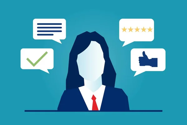 Woman Giving Good Review Bubble Speeches Testimonials Comments Rating Feedback — Stock Vector