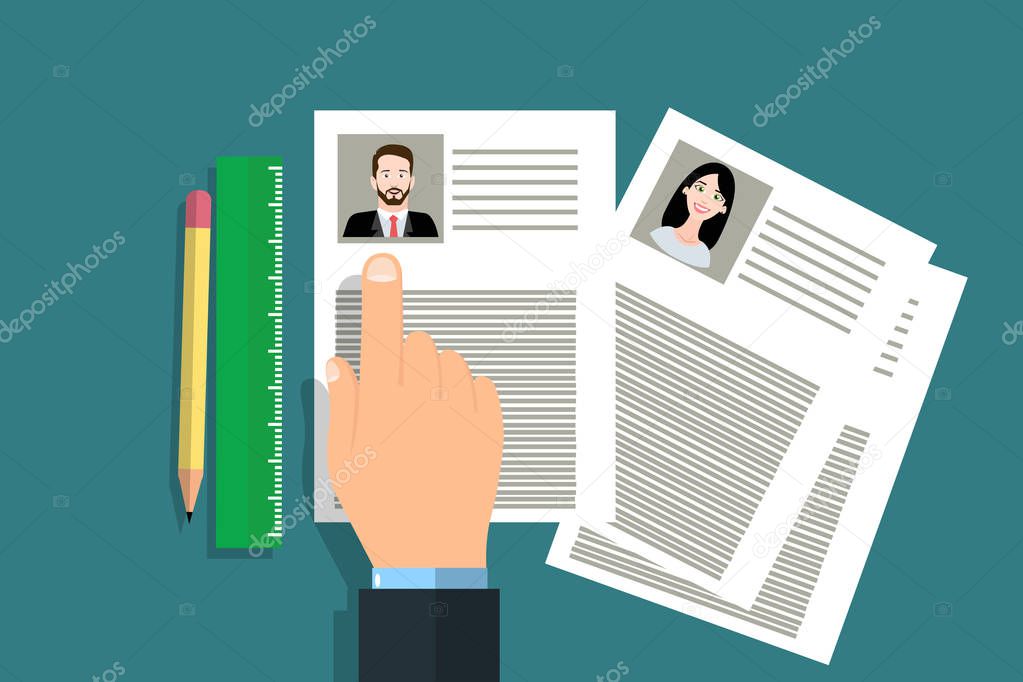 Vector illustration of hand pointing at resume list with photo. Human resources, HR choosing the candidate concept. Eps flat horizontal image.