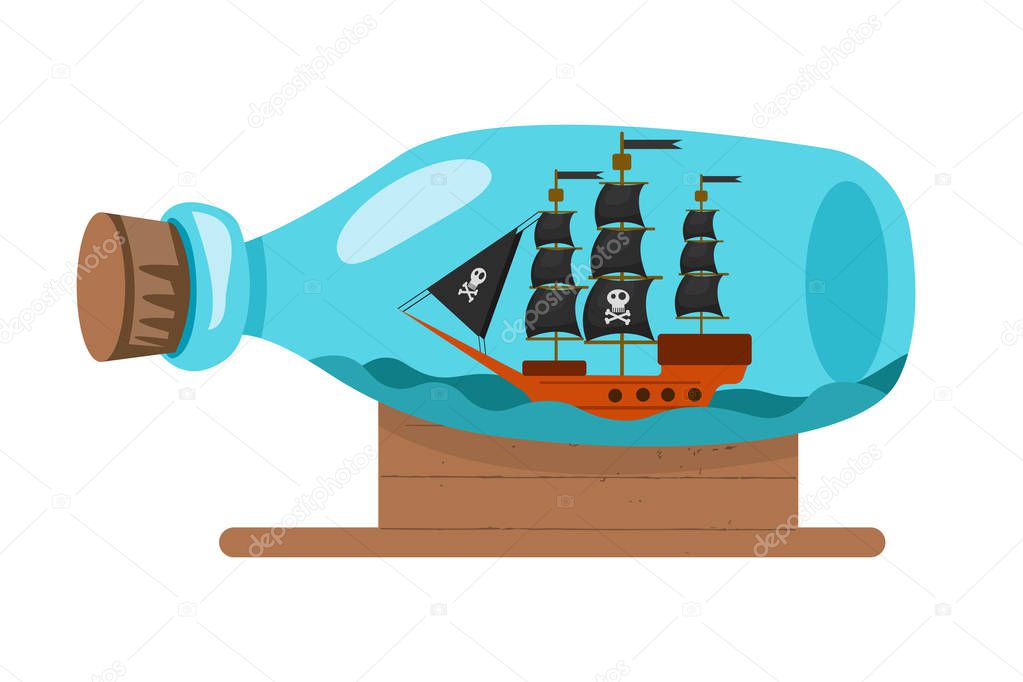Illustration of glass bottle with sea inside and floating pirate ship with black sails. Eps vector illustration, horizontal image
