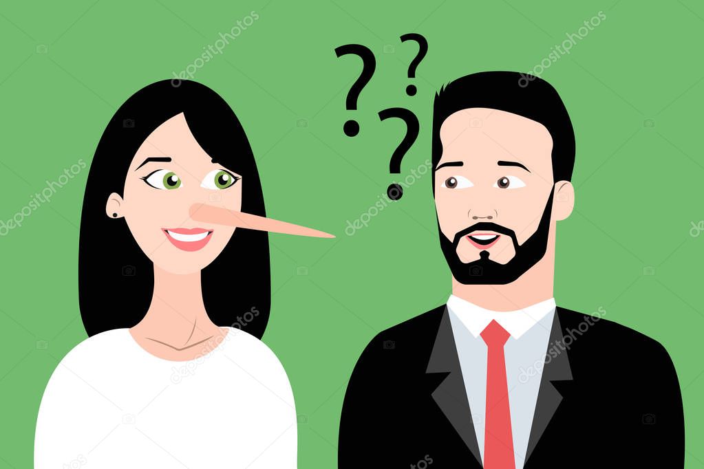 Lies in the couple. Doubtful man having questions when speaking to lying girl having a long nose. Eps vector illustration, horizontal image, flat style graphic design.