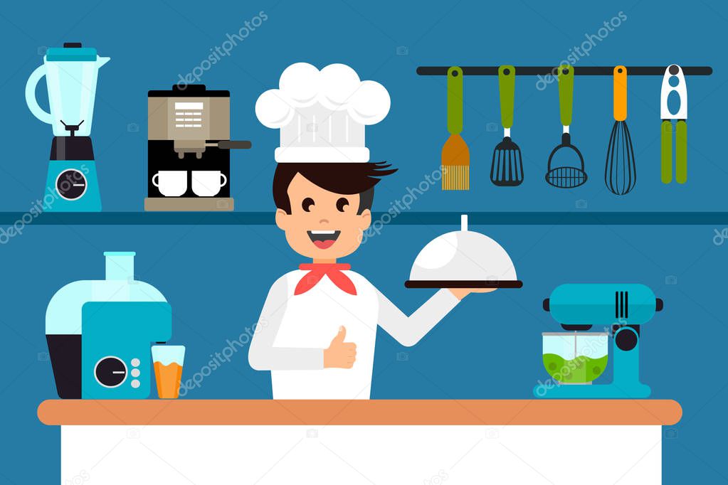 Flat style illustration of successful and smiling chef cook holding dish plate standing in professional kitchen. Restauration concept Eps vector illustration horizontal image flat style graphic design