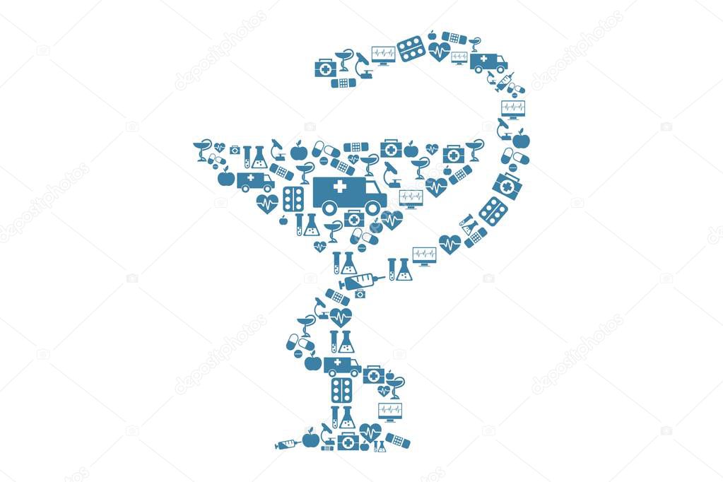 Simple design of bowl of Hygieia made of simple medical symbols and elements isolated on white background. Eps illustration.
