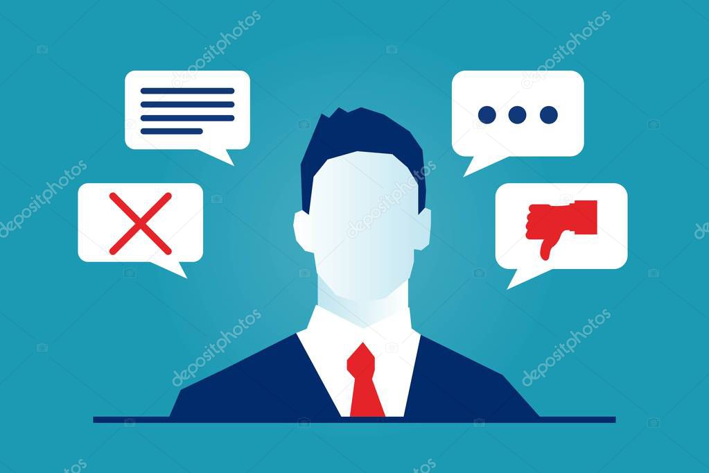 Man customer giving review, negative feedback. Bubble box speeches Testimonials comments rating concept. Male Evaluating a service, the bad quality of it. Eps Vector illustration Minimal style.