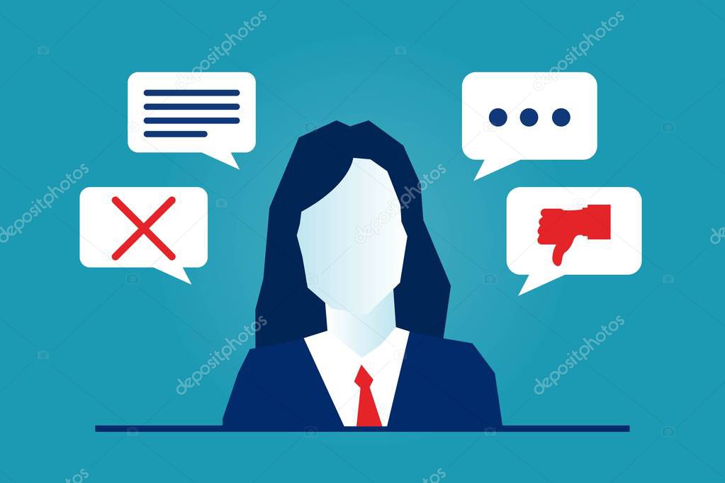 Woman customer giving review, negative feedback. Bubble box speeches Testimonials comments rating concept. Female Evaluating a service, the bad quality of it. Eps Vector illustration Minimal style.