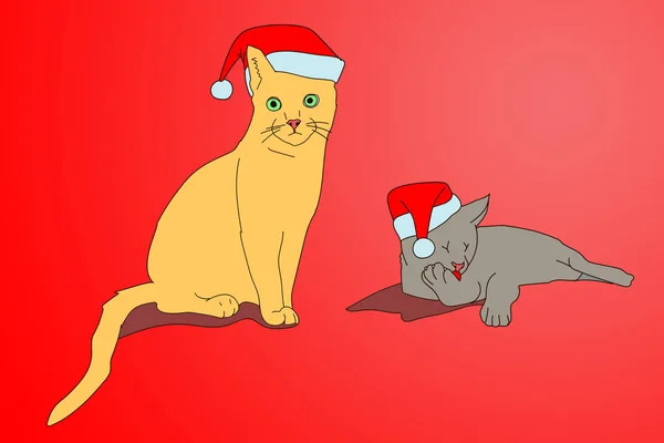 Two pet cat cartoon characters wearing a santa claus christmas hat isolated on red background. Raster illustration.