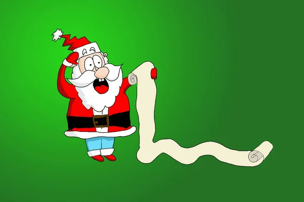 Santa reading a long list of gift to deliver, worried shocked looking at you the long paper roll isolated green background. Raster illustration.