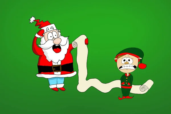Santa Czytanie Długą Listę Prezent Dostarczania Martwi Się Elf Szoku — Zdjęcie stockowe
