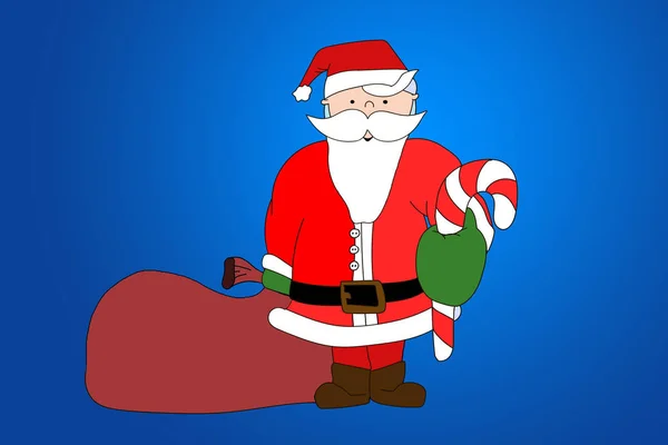 Cartoony Santa Claus Drží Své Plné Tašky Jedné Ruce Candy — Stock fotografie