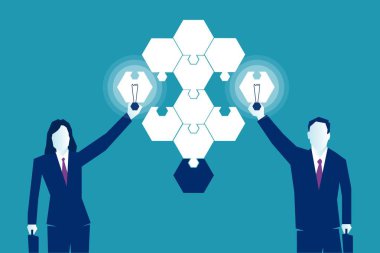 Takım strateji. Son iş fikri tamamlamak için. İş insanlar erkek ve kadın bir ampul mavi arka plan üzerinde son iki puzzle parçaları ekleme. EPS vektör çizim, en az düz modern stil