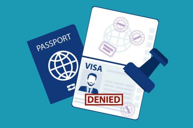 Pasaport seyahat vizesiyle üzerinde engellendi kırmızı damgasını taşıyan bir adam erkek giriş vize kavramı üzerinde mavi arka plan izole reddetti. EPS vektör çizim en az beyaz mavi düz iş modern tarzı.
