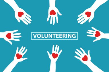 Kırmızı renk kupa, metin merkezinde gönüllü veren holding daire elinde büyüdü. Gönüllü yardım iş kavramı. EPS 10 vektör çizim, Minimalist beyaz mavi düz iş tarzı modern.