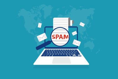 Dizüstü bilgisayar ekranında spam e-posta zarf uyarı penceresi. Virüs, korsan hack ve güvenlik kavramı. E-posta koruması anti-malware yazılımı, Web sitesi banner. Vektör çizim Minimalist tarzı