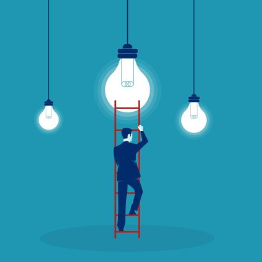 Yeni fikir kavramı üzerinde mavi arka plan izole almak için bir ampul için iş adam. EPS 10 vektör çizim, Minimalist beyaz mavi düz iş tarzı modern tasarım.