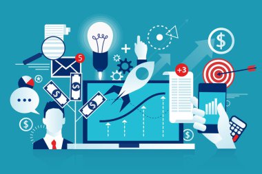 Araştırma stratejisi istatistik ve planlama, pazarlama, performans göstergelerini çalışma. Üzerinde mavi arka plan izole iş analizi ve veri analytics kavramı. EPS 10 vektör çizim en az stili