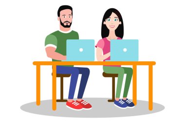 Vektör resim erkek ve dizüstü bilgisayarlar ile masada oturan ve gülümseyen kadın. EPS vektör çizim