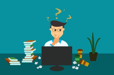 Zor seçim, bulma çözüm sorun kavramı. Karışık işadamı bilgisayar ofis, kitaplar, kahve bakarak önünde çalışma kağıt tablo üzerinde buruşuk, eps illüstrasyon vektör