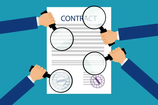 Hands Holding Magnifying Glasses Contract Concept Searching Detecting Analyzing Eps — Stock Vector