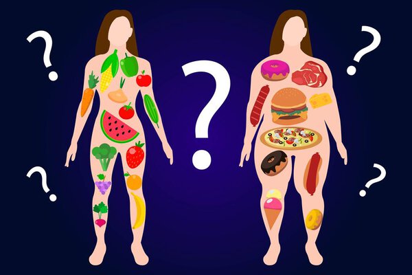 Fit woman eating green vegetables food vs fatty girl eating fast food diet. How to loose weight questions dieting and healthy lifestyle concept.  Eps 10 Vector illustration, flat style modern design.