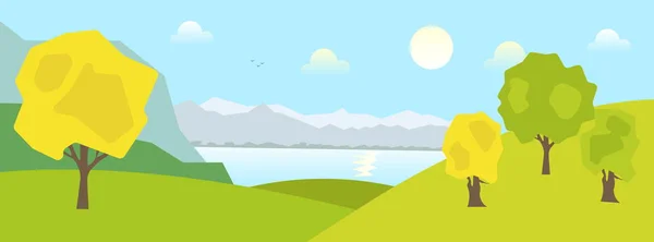 Nature. Lake trees and mountains and blue sky. Summer or spring, autumn concept. Eps 10 Vector illustration, flat style modern design. Green, blue sky and yellow colors.