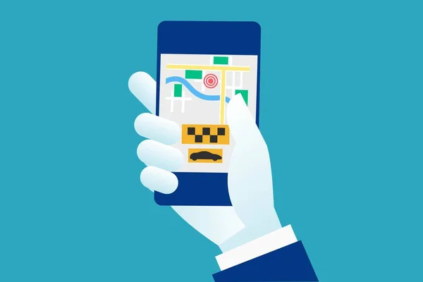 Serviço Táxi Smartphone Touchscreen Arranha Céus Cidade Eps Ilustração Vetorial — Vetor de Stock
