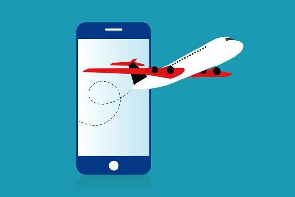 Samolot Wychodzi Ekranu Telefonu Bilety Lotnicze Online Zakup Rezerwacja Biletów — Wektor stockowy