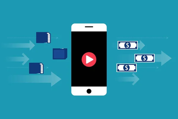 Телефон Вставкою Відеоконтенту Долари Виходять Синьому Фоні Заробляйте Гроші Від — стоковий вектор