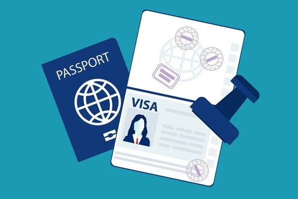 Pasaporte Con Datos Biométricos Sellos Visado Aislados Sobre Fondo Azul — Vector de stock