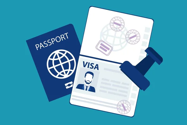 护照上有生物特征数据和签证印章 在蓝色背景下隔离 证件和海关印章 Eps 矢量插图 简约扁平商务风格现代设计 — 图库矢量图片