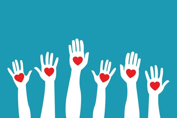 Mãos Erguidas Segurando Dando Corações Cor Vermelha Isolados Fundo Azul — Vetor de Stock
