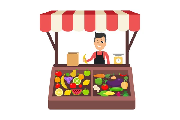 Ilustracja Zawartości Człowieka Mając Stoisko Firmy Sprzedaż Warzyw Owoców Mrugając — Wektor stockowy