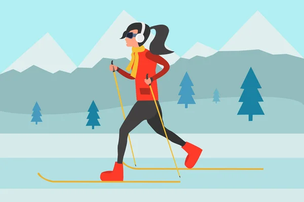 Σπορ Γυναίκα Αθλητής Σκι Αντοχής Γυναίκα Cartoon Σκι Κορίτσι Χειμώνας — Διανυσματικό Αρχείο