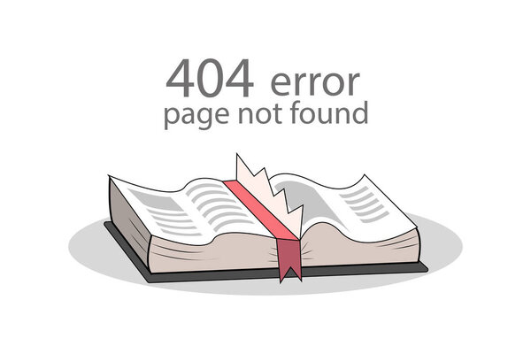 Page not found 404 error concept. Book with a paper, page torn missing isolated on white background, funny layout for web page. Vector illustration