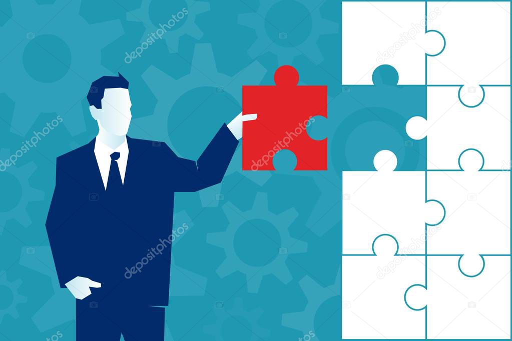 The Final Piece of the work. Businessman man male places the last red piece of a puzzle. Business concept illustration. Eps 10 Vector illustration, Minimalist white blue flat style modern design.