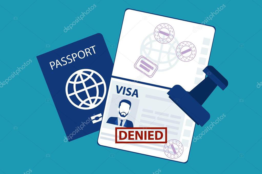 Passport of a man male with the red stamp denied on travel visa on it refused entry visa concept isolated on blue background. Eps  Vector illustration Minimal white blue flat business modern style.