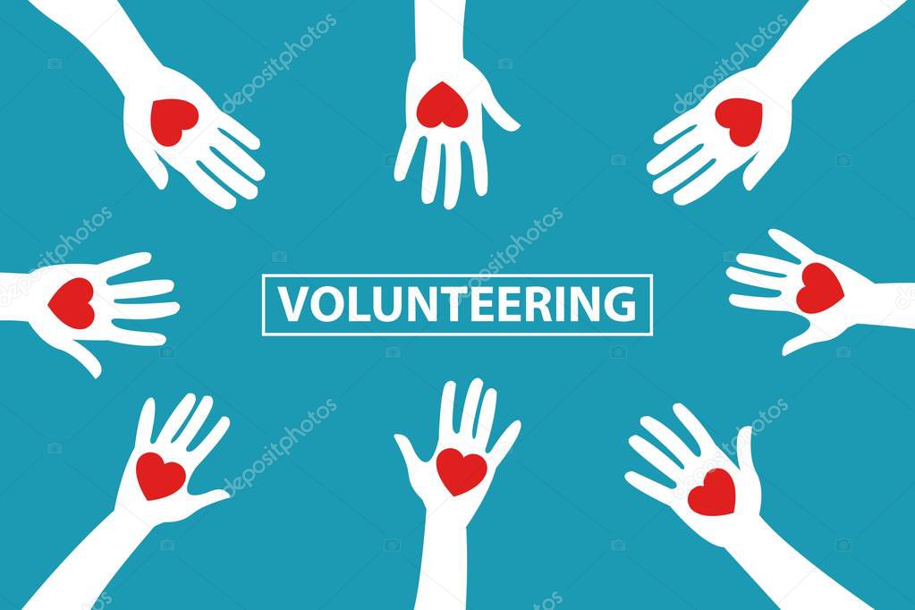 Raised hands in circle holding giving red color hearts, volunteering text in the center. Volunteer charity work concept. Eps 10 Vector illustration, Minimalist white blue flat business style modern.