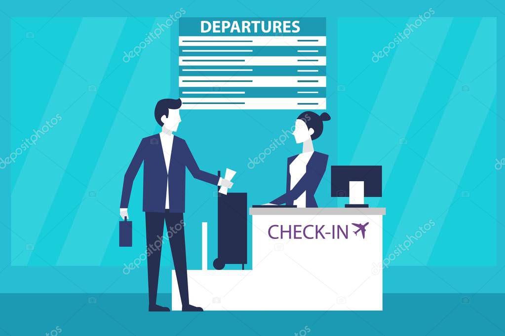 Man passenger at international airport check-in desk with airline representatives woman attending for the checking in and boarding ticket. Eps10 Vector illustration Minimalist white blue flat business