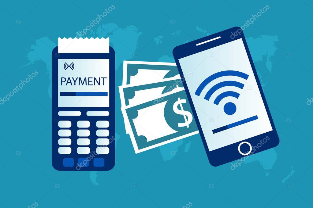 POS terminal confirms the payment made through mobile phone transfer money wireless isolated on blue background. NFC payments. Mobile Banking and Payments concept Flat Vector illustration, Minimalist