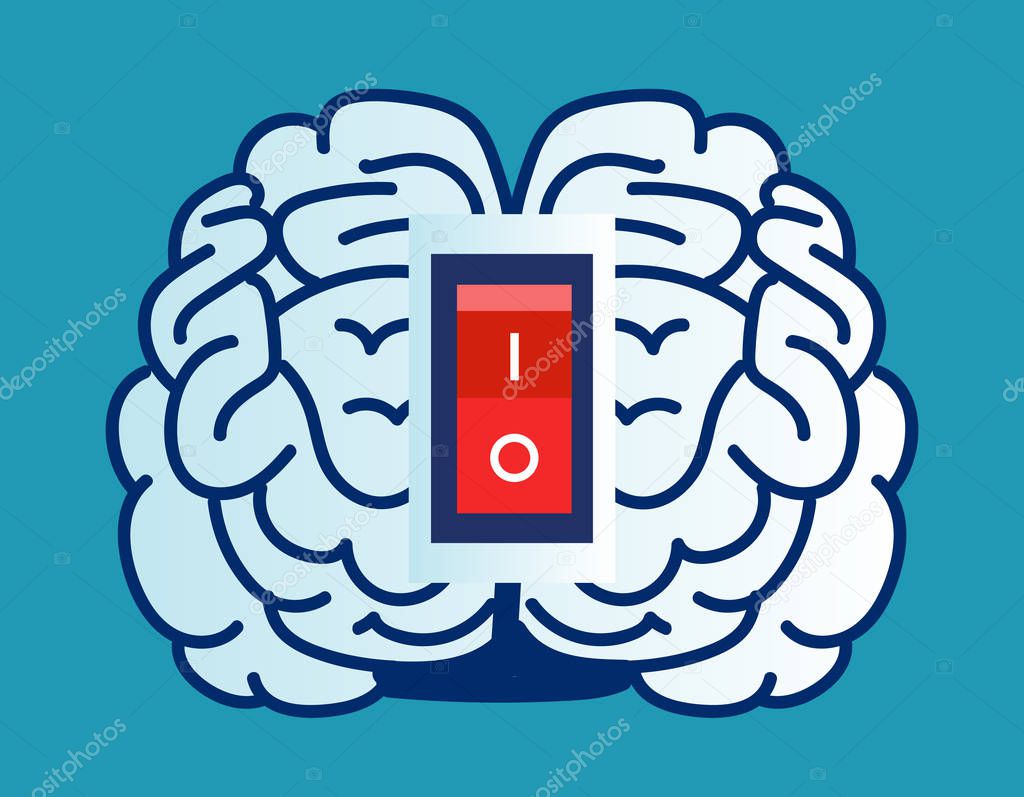 Brain power switch, turned on working fine, awake. Switch off negative thinking concept. isolated on blue background. Eps 10 Vector illustration Minimalist white blue flat business style modern design